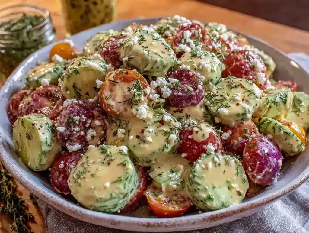 creamy cucumber tomato salad - featured image