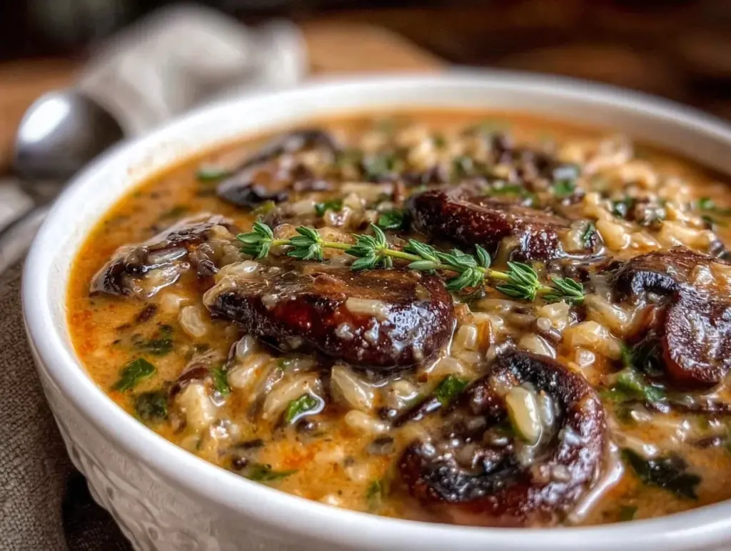 creamy slow cooker wild rice and mushroom soup - featured image