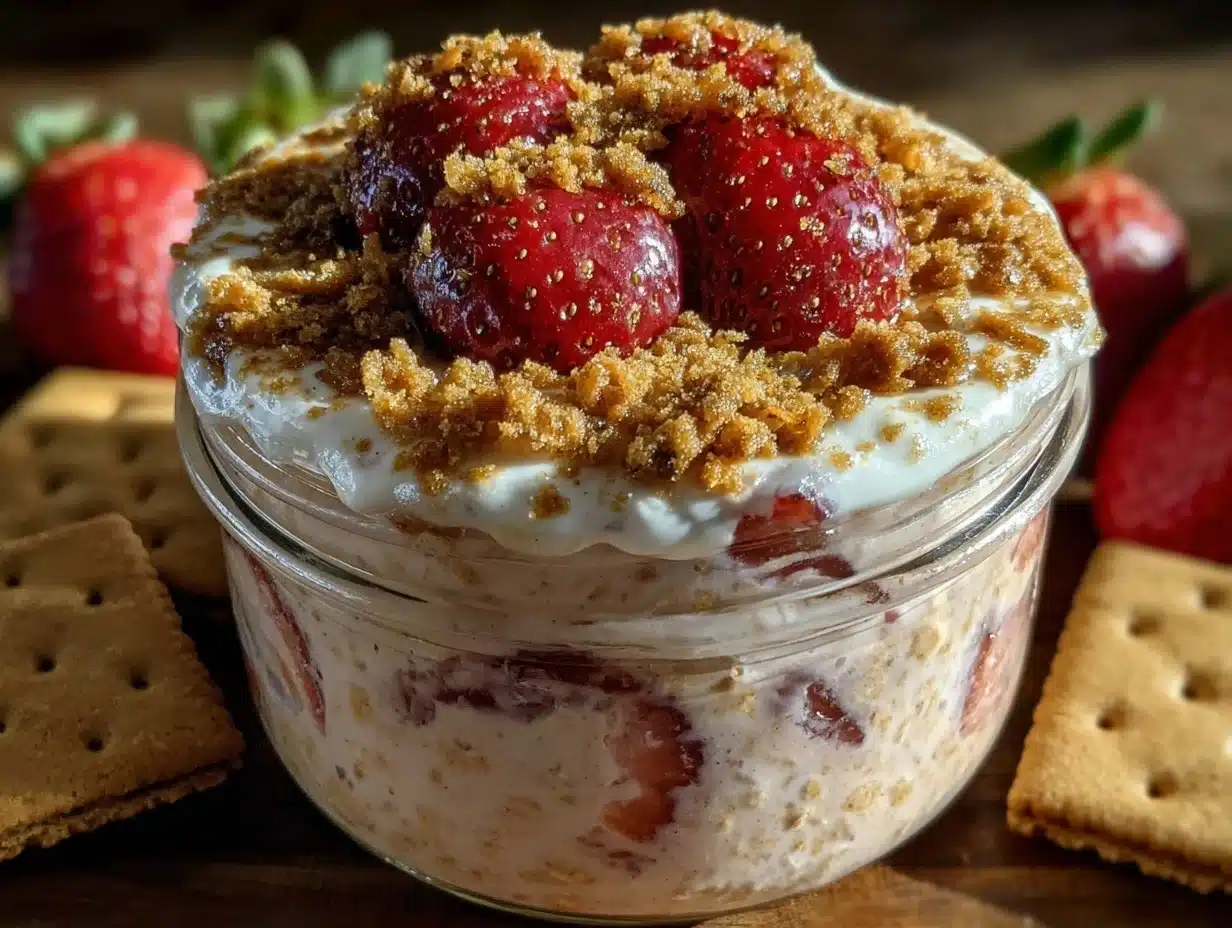 creamy strawberry cheesecake overnight oats - featured image
