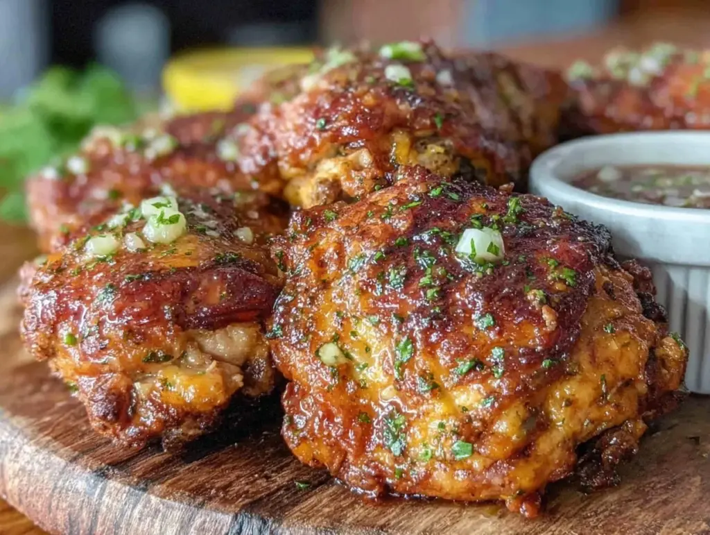 crispy garlic butter air fryer chicken thighs - featured image