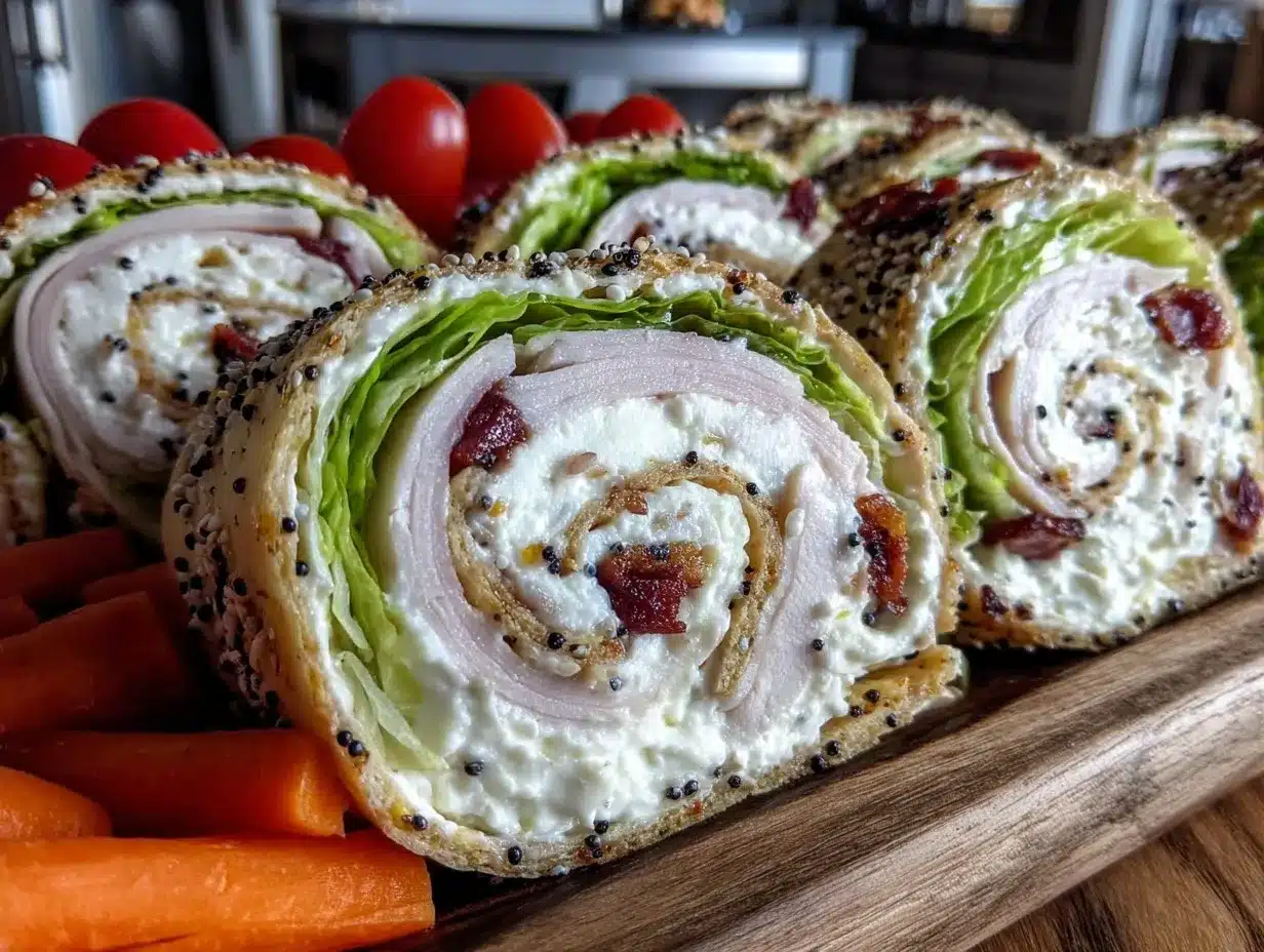 everything bagel cream cheese turkey pinwheel wraps preparation steps