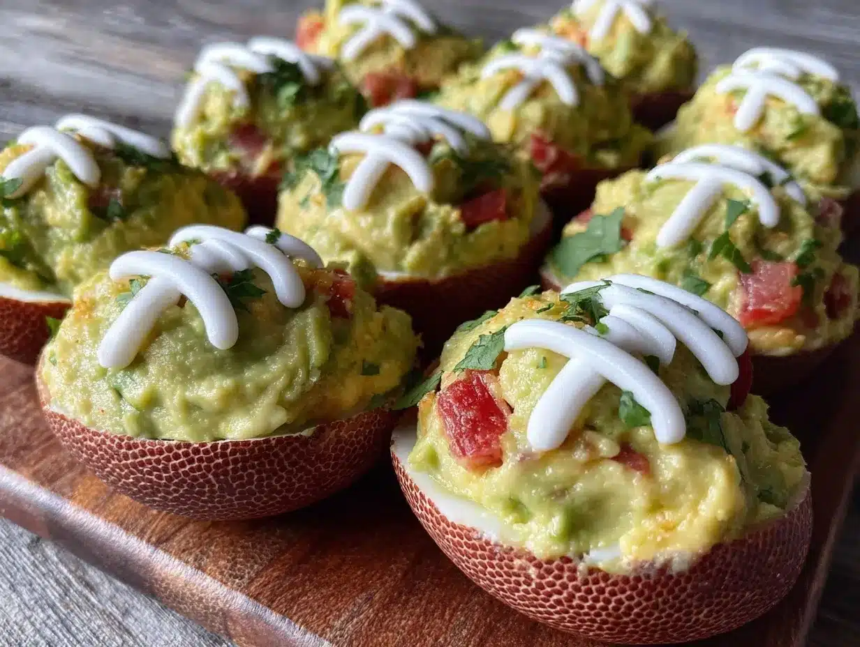 football-shaped guacamole deviled eggs preparation steps