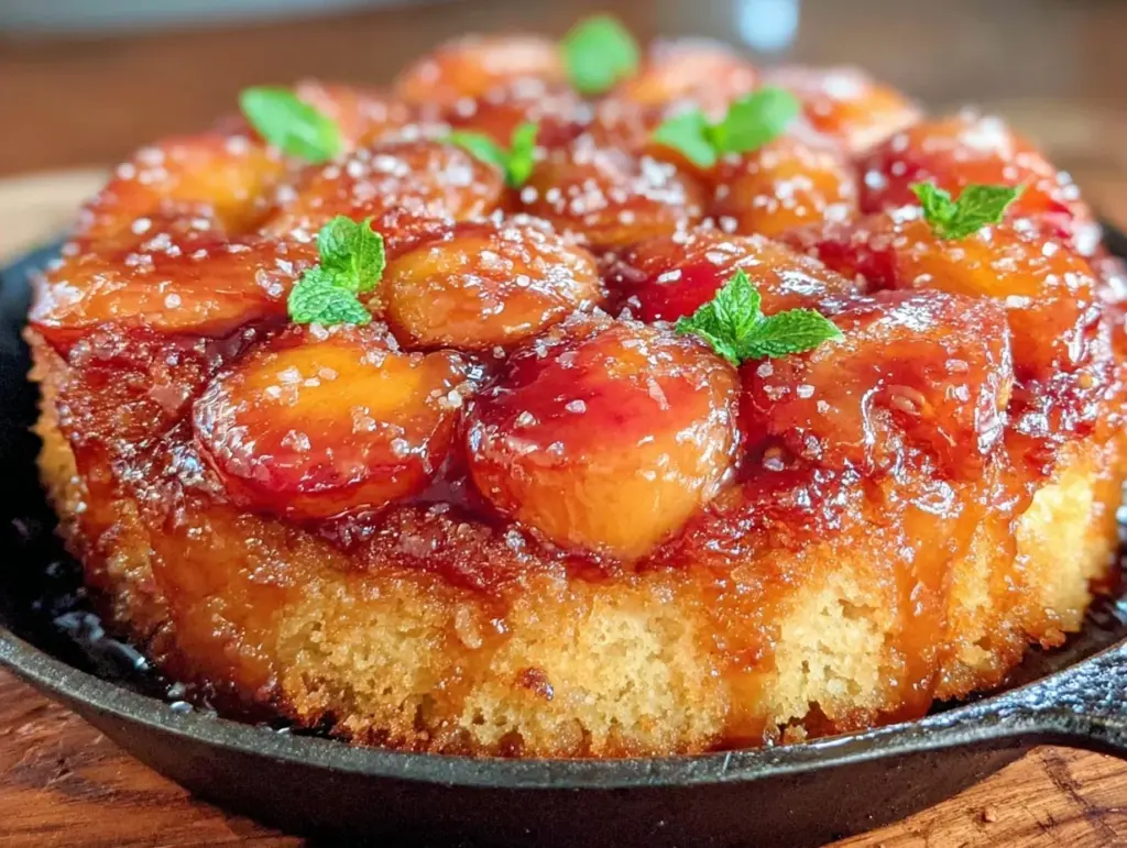fresh peach upside-down skillet cake - featured image
