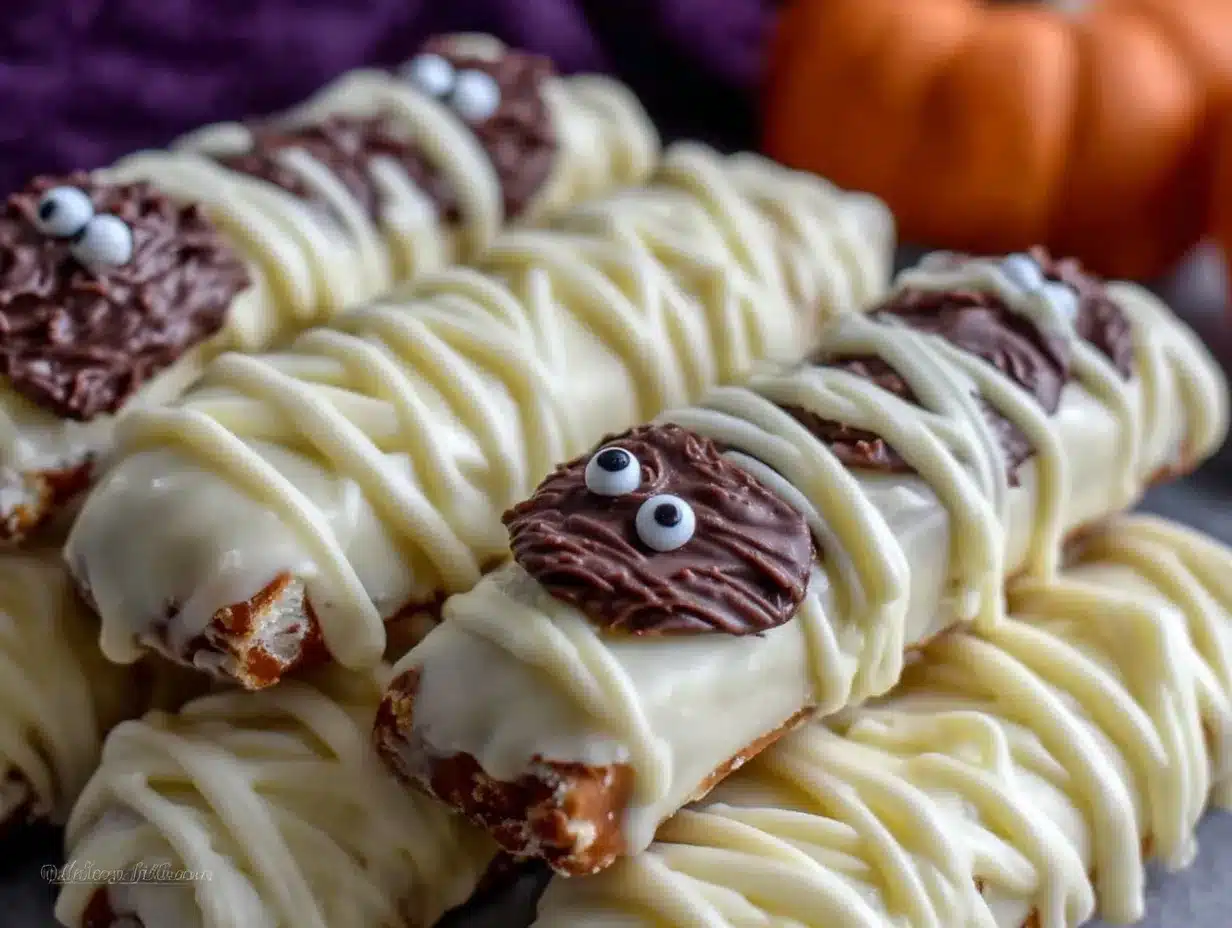 Halloween mummy pretzel rods preparation steps