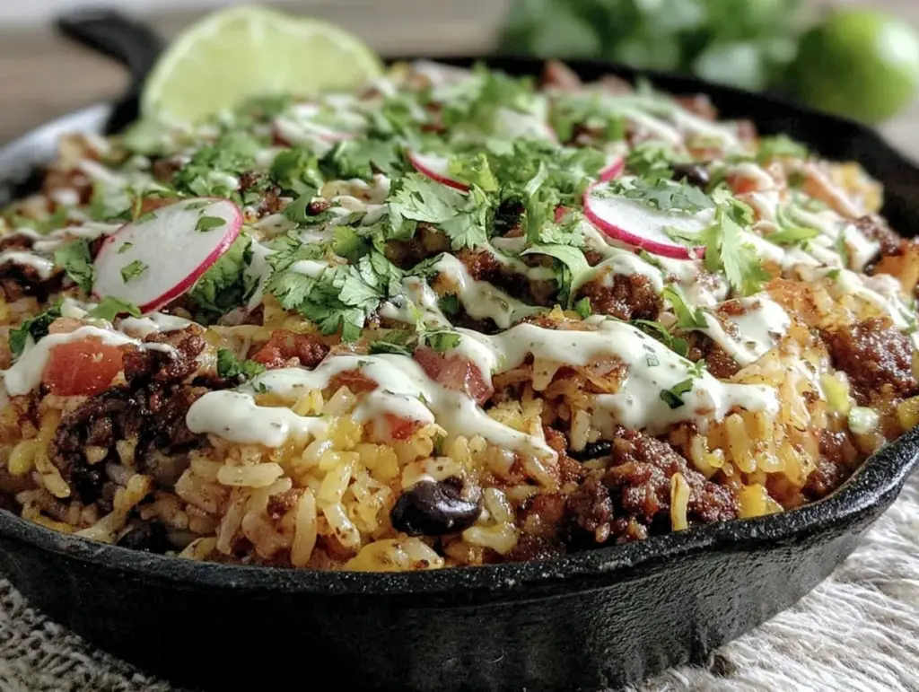 one-skillet beef taco rice bowl - featured image