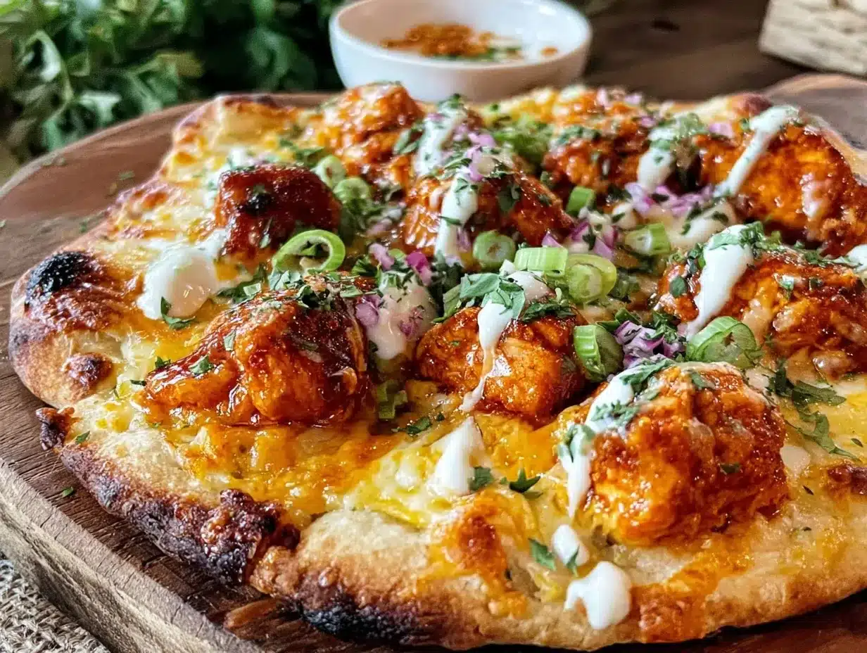 spicy honey buffalo chicken flatbread preparation steps